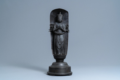 A Japanese inscribed bronze and copper alloy figure of Kanzeon Bosatsu, Edo