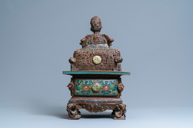 A large Chinese cloisonn&eacute; censer with jade, coral and turquoise inlay, 19th C.