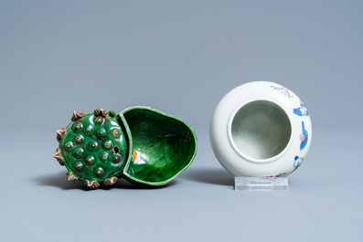 A Chinese verte biscuit 'lotus' water dropper and a blue, white and copper red brush washer, Kangxi and 19th C.