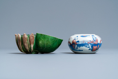 A Chinese verte biscuit 'lotus' water dropper and a blue, white and copper red brush washer, Kangxi and 19th C.