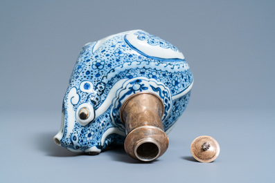 A Chinese silver-mounted blue and white 'frog' kendi, Wanli