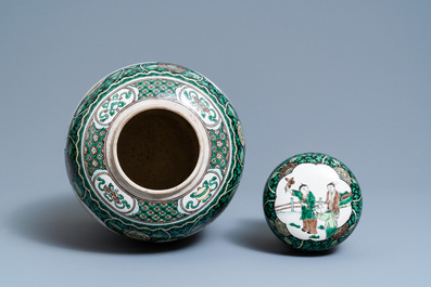 A Chinese verte biscuit jar and cover, 19th C.