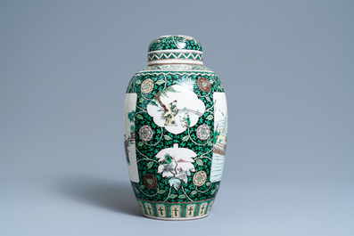 A Chinese verte biscuit jar and cover, 19th C.