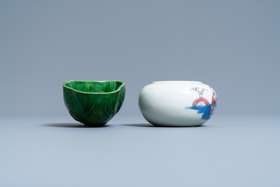 A Chinese verte biscuit 'lotus' water dropper and a blue, white and copper red brush washer, Kangxi and 19th C.