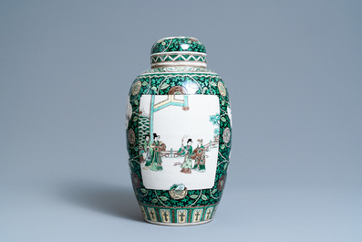 A Chinese verte biscuit jar and cover, 19th C.