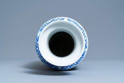 A Chinese blue and white rouleau vase, Kangxi mark, 19/20th C.