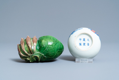 A Chinese verte biscuit 'lotus' water dropper and a blue, white and copper red brush washer, Kangxi and 19th C.