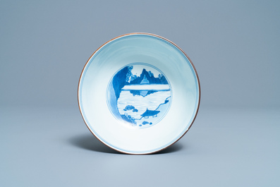 A Chinese blue and white 'Eight horses of Mu Wang' bowl, Jiajing mark, Kangxi