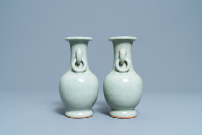 A pair of Chinese monochrome celadon crackle-glazed vases, 19th C.