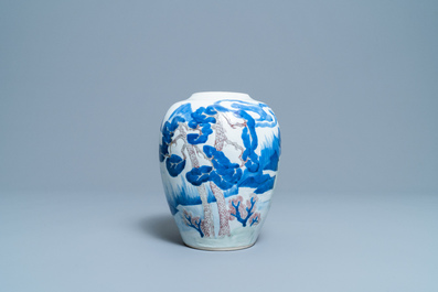 A Chinese blue, white, celadon and copper red vase with a landscape, Kangxi