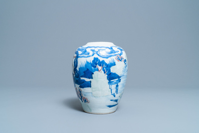 Een Chinese blauw-witte, koperrode en celadon vaas met landschapsdecor, Kangxi