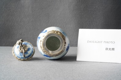 A Chinese blue and white tea caddy with Dutch silver mounts, Kangxi