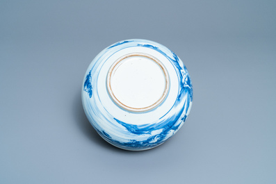 A Chinese blue and white censer with a mountainous landscape, Kangxi