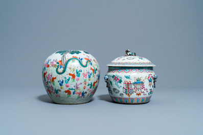 Een Chinese famille rose pot, een kamcheng en een kom, 19e eeuw