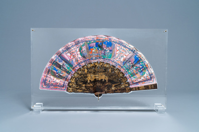 Two Chinese Cantonese painted paper and lacquer fans in plexi mounts, 19th C.