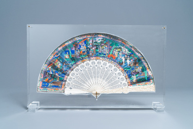 Two Chinese Cantonese painted paper and lacquer fans in plexi mounts, 19th C.