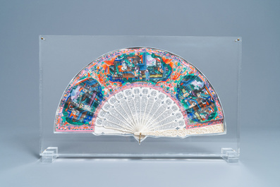 Two Chinese Cantonese painted paper and lacquer fans in plexi mounts, 19th C.