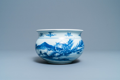 A Chinese blue and white censer with a mountainous landscape, Kangxi