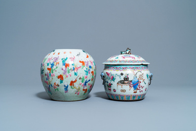 A Chinese famille rose jar, a kamcheng and a footed bowl, 19th C.