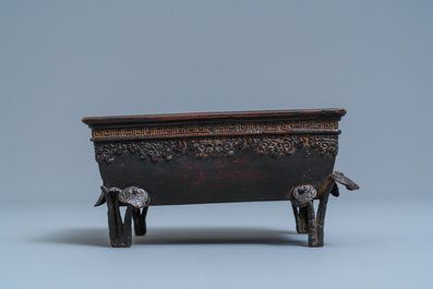 A Chinese rectangular lacquered bronze censer, Qing