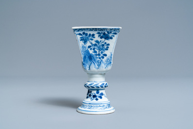 A rare Chinese blue and white tapered square quadrangular stem cup, Kangxi
