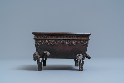 A Chinese rectangular lacquered bronze censer, Qing