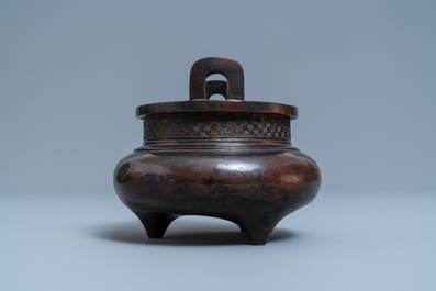 A Chinese bronze tripod censer, seal mark, Yuan