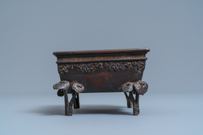 A Chinese rectangular lacquered bronze censer, Qing