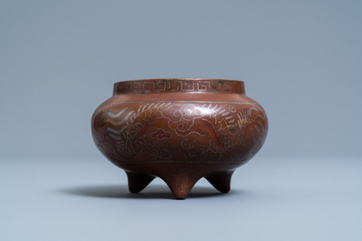 A Chinese silver- and copper-inlaid bronze censer, Xuande mark, 18/19th C.