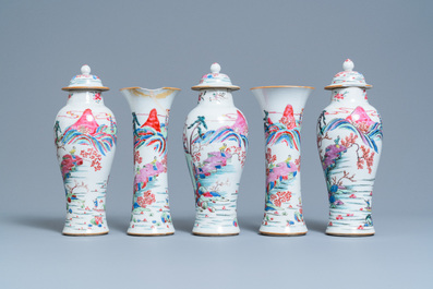 A Chinese famille rose garniture of five vases, Yongzheng