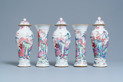 A Chinese famille rose garniture of five vases, Yongzheng