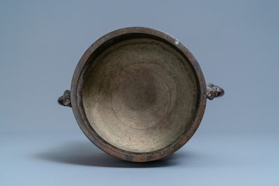 A large Chinese bronze 'Gui' vessel on hardwood stand, Yuan