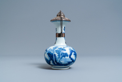 A Chinese silver-mounted blue and white kendi, Kangxi