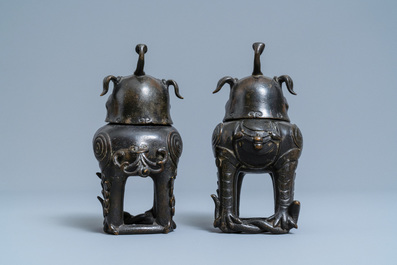 A pair of Chinese gilt-lacquered bronze Chinese 'luduan' censers, Ming