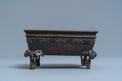 A Chinese rectangular lacquered bronze censer, Qing