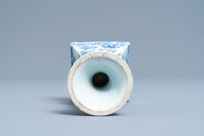 A rare Chinese blue and white tapered square quadrangular stem cup, Kangxi