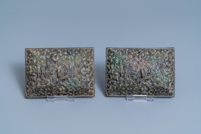 A pair of Chinese Ming-style bronze censers with reticulated covers, 19th C.