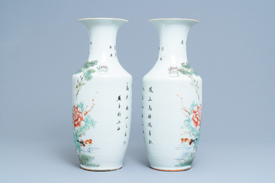 Twee paar Chinese qianjiang cai vazen met vogels, 19/20e eeuw