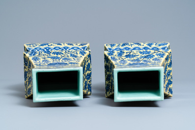 A pair of Chinese blue and white yellow-ground vases, 19th C.