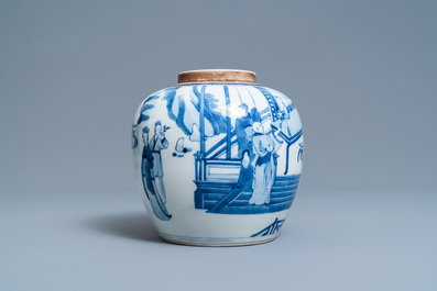 Un pot en porcelaine de Chine en bleu et blanc &agrave; d&eacute;cor figuratif, 19&egrave;me