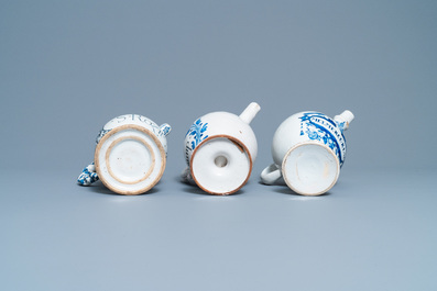Three blue and white Dutch Delft, Nevers and Rouen wet drug jars and four jugs, 17/18th C.