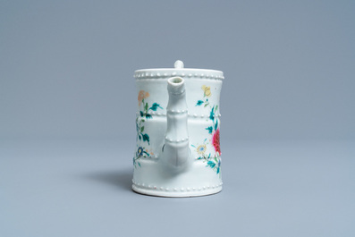 A Chinese famille rose bamboo-shaped teapot and cover, 19th C.