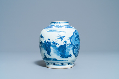 Een Chinese blauw-witte pot met figuren in een landschap, Wanli