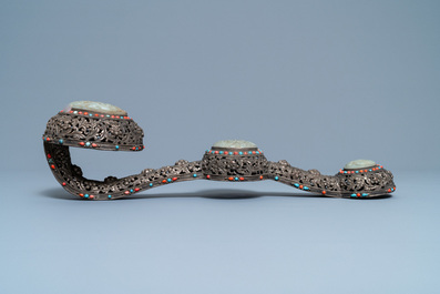 A large Chinese jade-embellished coral- and turquoise-inlaid ruyi scepter, 19th C.