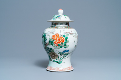 A Chinese famille verte vase and cover, Kangxi mark, 19th C.