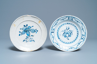 A varied collection of blue and white Dutch Delft plates and vases, 18th C.