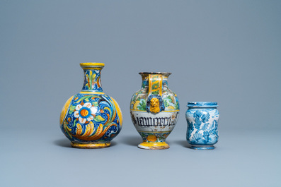 Three Italian maiolica drug jars, 16/18th C.