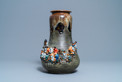 A tall Japanese Sumida Gawa vase with applied design of children and monkeys, Meiji, 19/20th C.