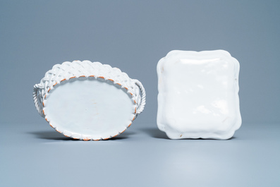 A white Delftware basket, a lobed dish, a spice box and a sauce boat, 18th C.