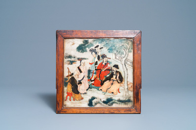 A Chinese wooden table screen with painted marble plaque, 19th C.